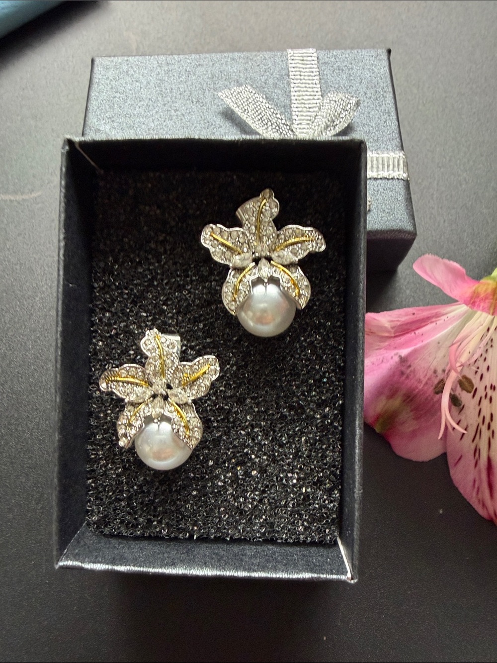 Elegant Pearl & Crystal Flower Earrings - Gold and Silver Tones